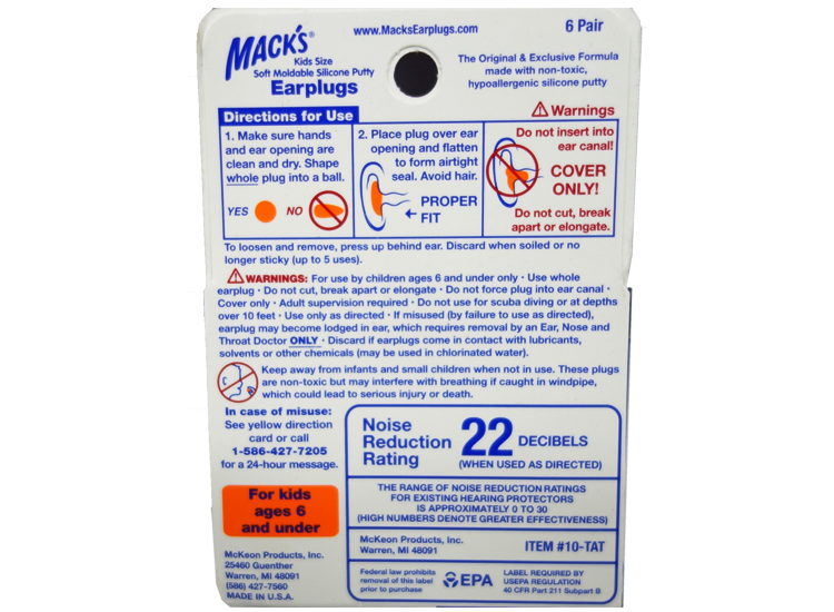 EAR PLUG mack's 6 pairs (kids size waterproof)