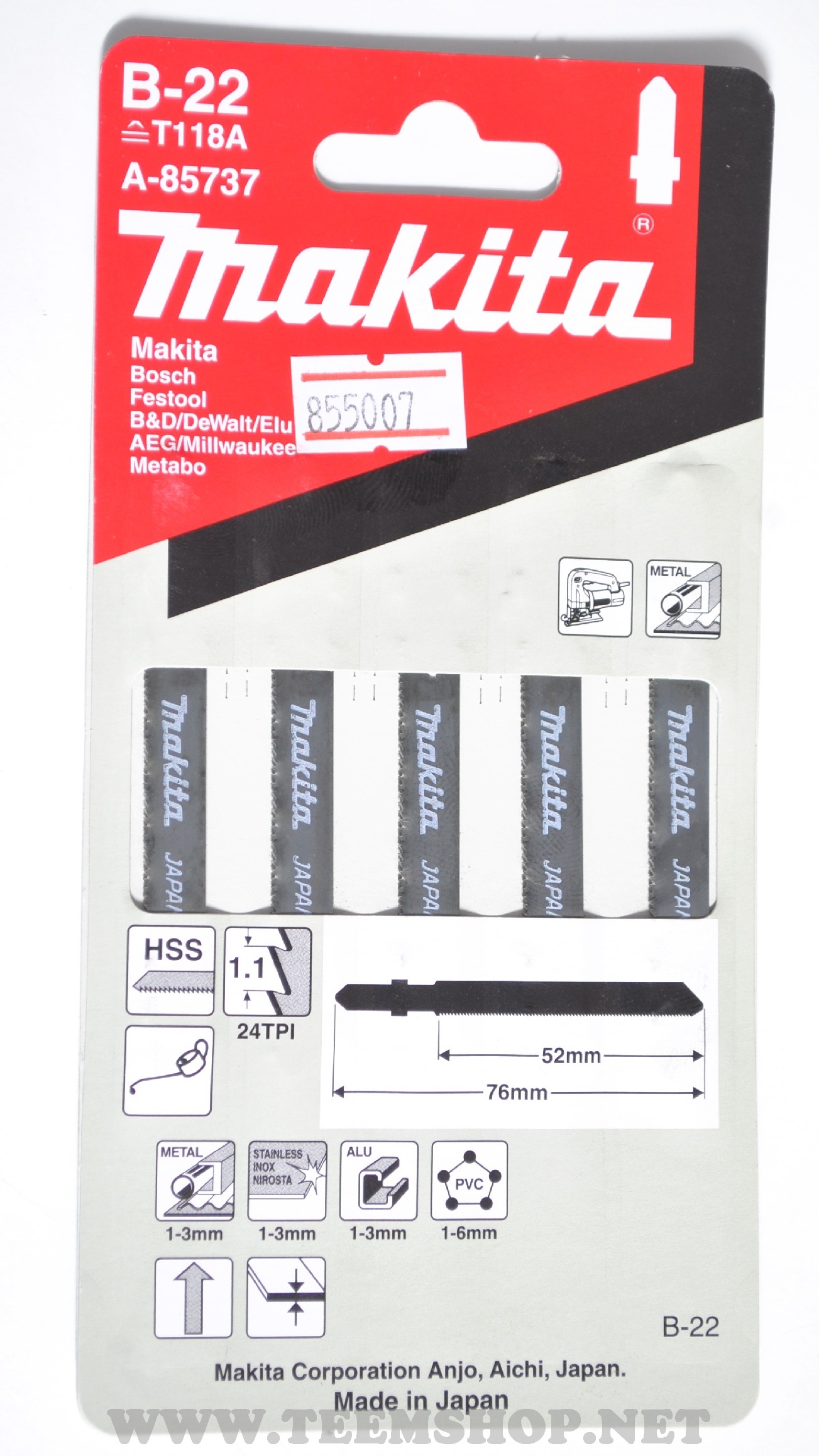 MAKITA ใบเลื่อยจิ๊กซอ B-22(5ใบ/1PACK) A-85737