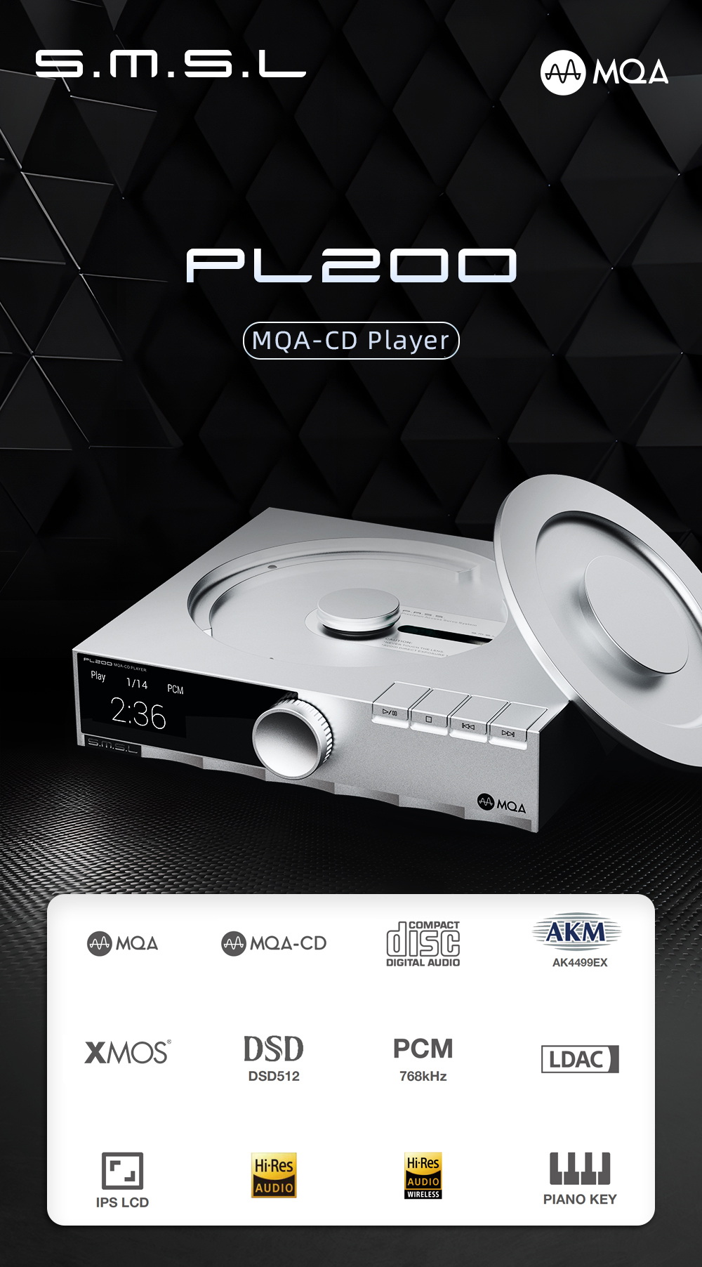 SMSL PL200 เครื่องเล่นซีดีตั้งโต๊ะขนาดกะทัดรัด รองรับ MQA ประกันศูนย์ไทย