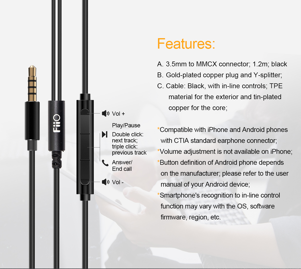 ขาย FiiO RC-MMCX2S สายหูฟัง MMCX แบบธรรมดา 3.5 พร้อม in-line controls