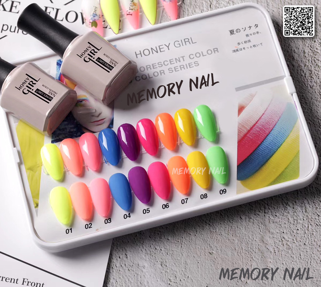 สีเจล สีเจลโทนสีนีออน สีสะท้อนแสง Honey Girl ชุด 9สี ขวดใหญ่ขนาด 15 ml สีเจลทาเล็บ Fluorescent Color