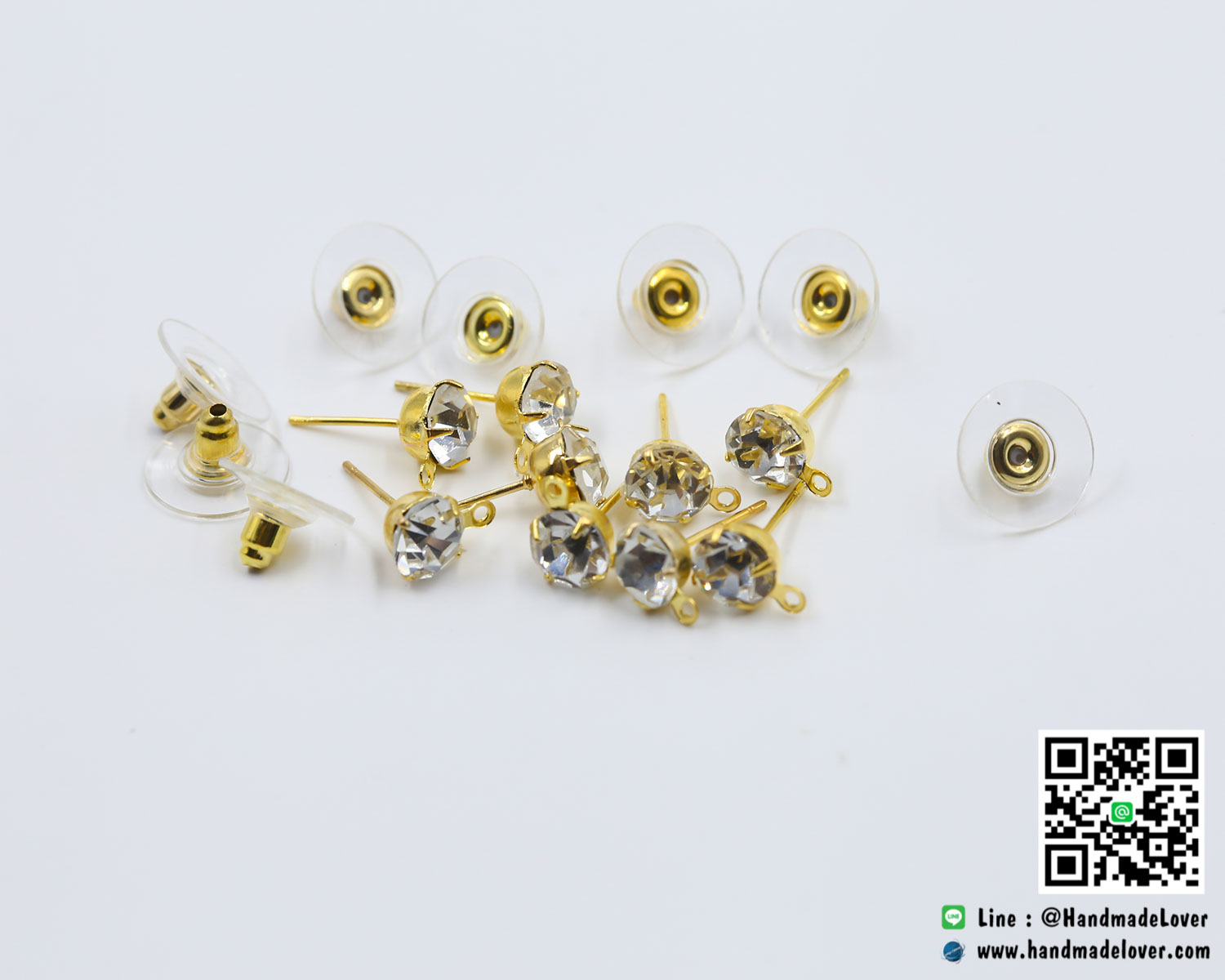 ก้านต่างหู เบอร์ 6 ประดับเพชร พร้อมแป้นพลาสติกปิด (คู่)