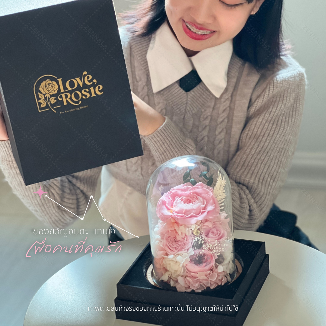 ช่อดอกกุหลาบในโหลแก้ว สีชมพู มีไฟ