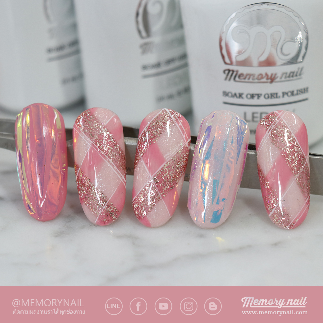 ลายเพ้นท์เล็บ ลายสก๊อตโทนชมพู ด้วยสีเจลทาเล็บ Memory nail