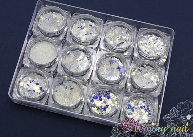 กากเพชรติดเล็บ สีขาวเงินรุ้งเงาวาวพิเศษ 12 แบบ