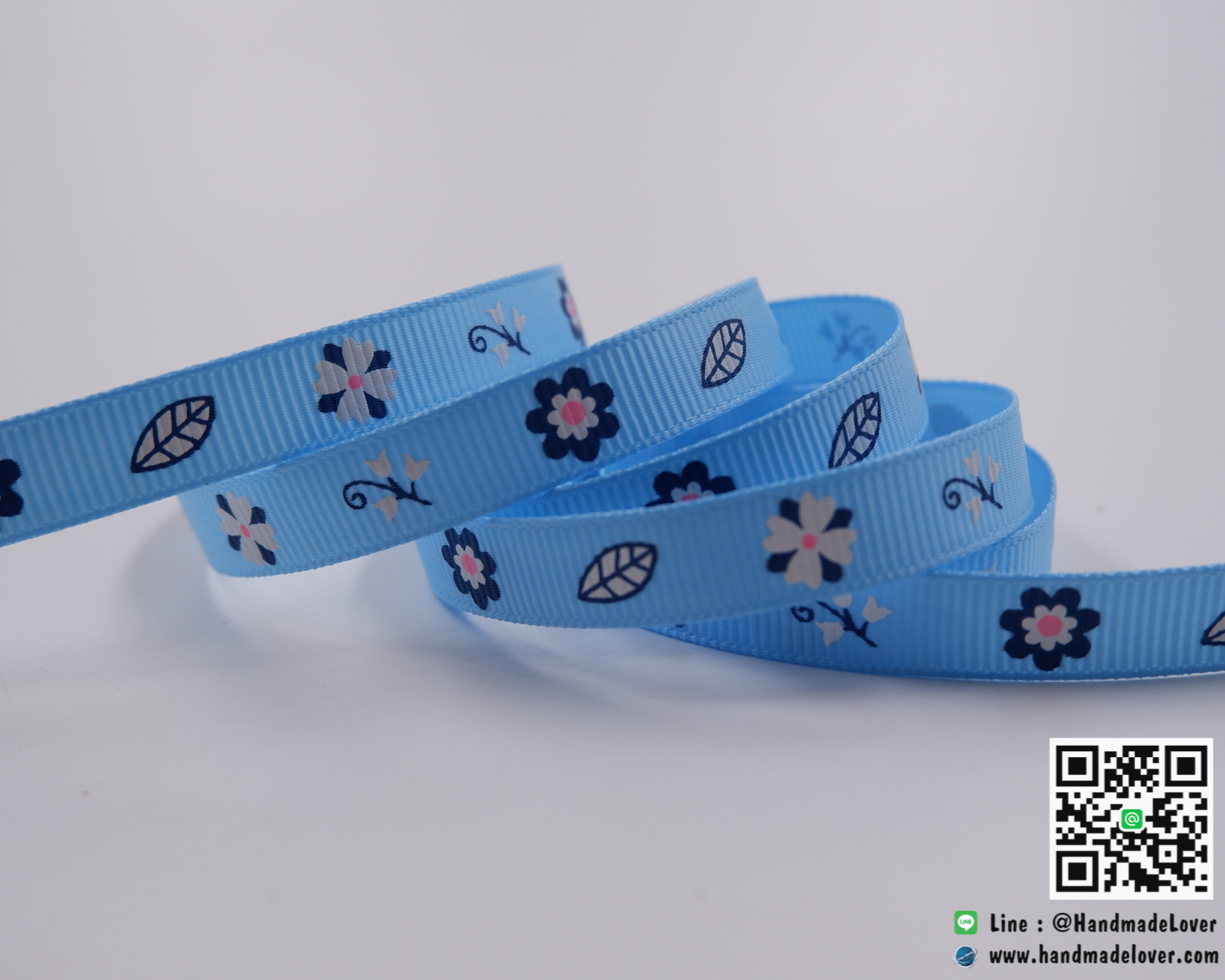 ริบบิ้นผ้า กรอสเกรน สีฟ้า พิมพ์ลายดอกไม้