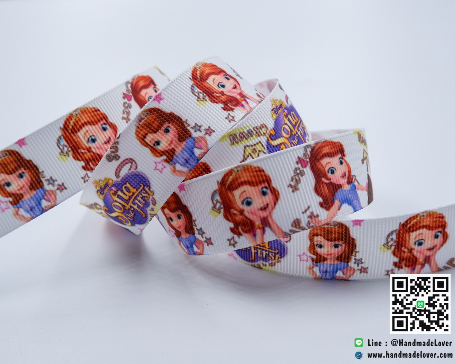 ริบบิ้นผ้า กรอสเกรน พิมพิ์ลายการ์ตูน เจ้าหญิงโซเฟีย (Sofia Princess) สีขาว ขนาด 22 มิล