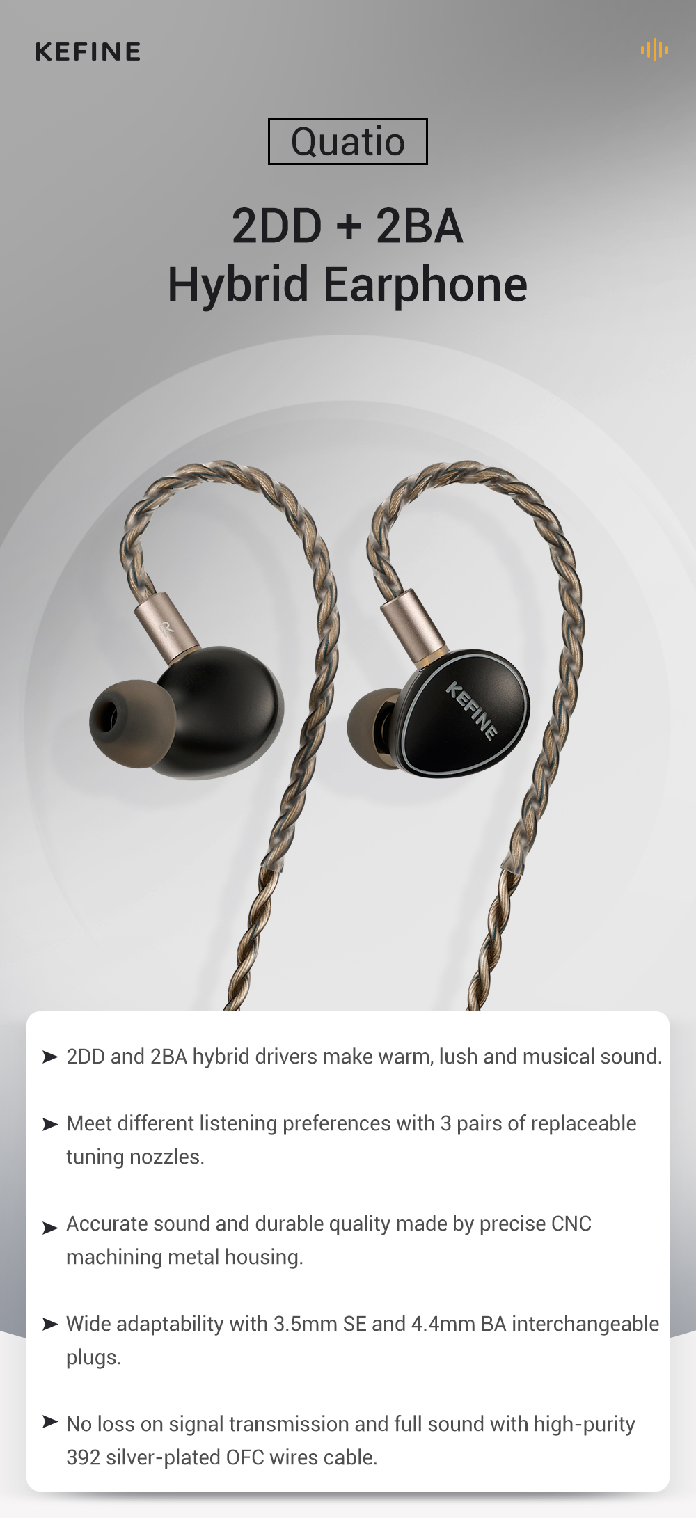 Kefine Quatio หูฟัง IEMs Hybrid 4 ไดรเวอร์ 2DD+2BA เปลี่ยนท่อนำเสียงได้ ปลั๊กหูฟังแบบโมดูลาร์ ประกันศูนย์ไทย