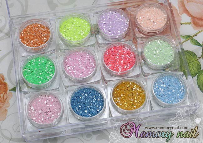 กากเพชรผสมละเอียดและหยาบ ผสมสีขาวเงิน 12 สี