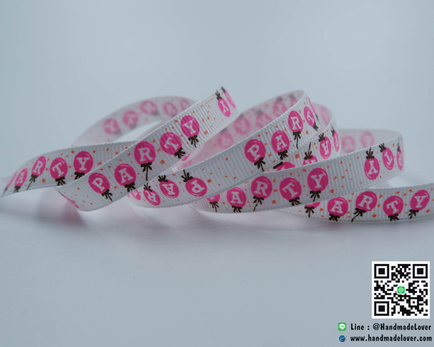 ริบบิ้นผ้า กรอสเกรน สีขาว พิมพ์ลาย Party