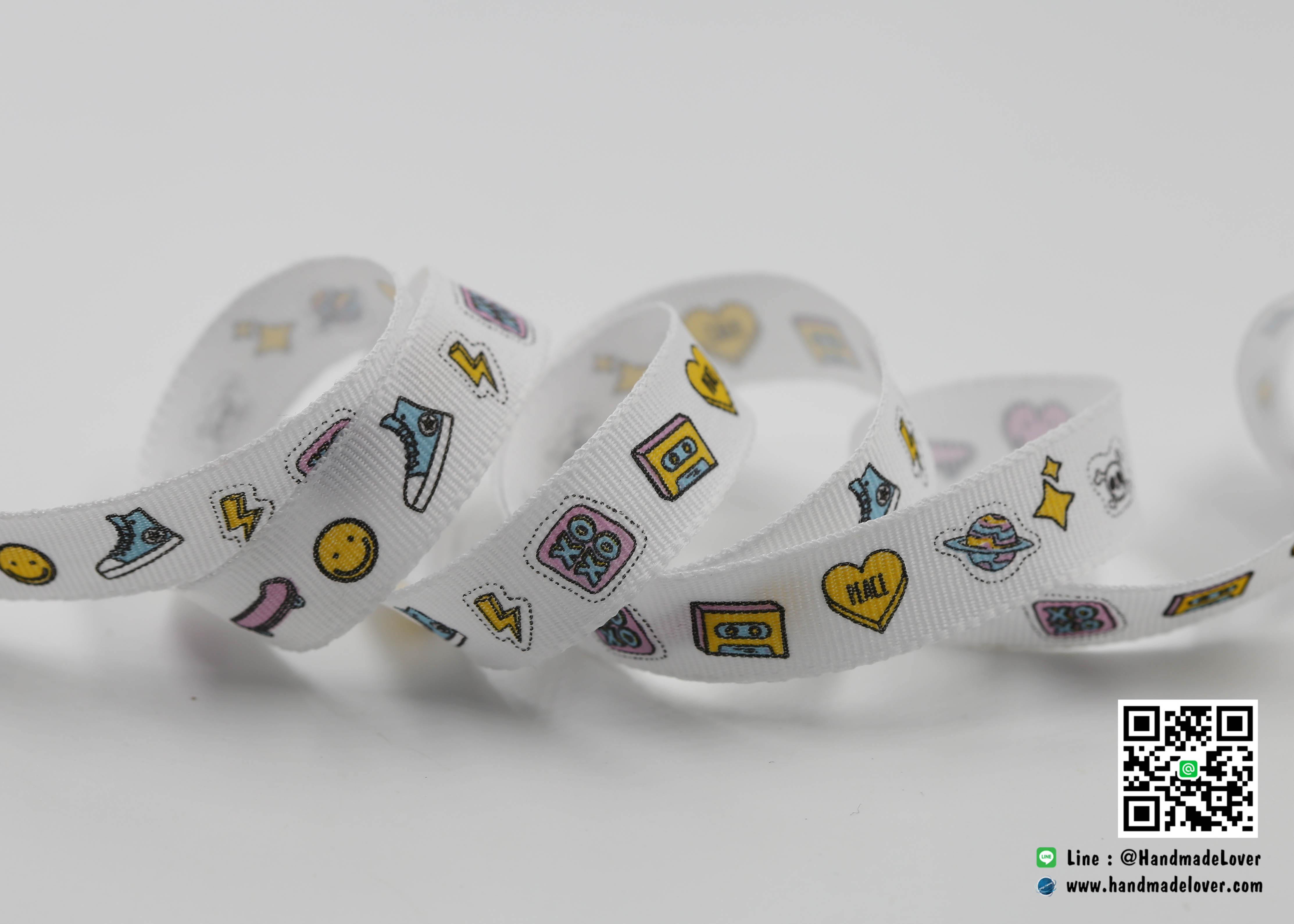 ริบบิ้นผ้า สีขาว พิมพิ์ลายการ์ตูน ขนาด 13 มิล