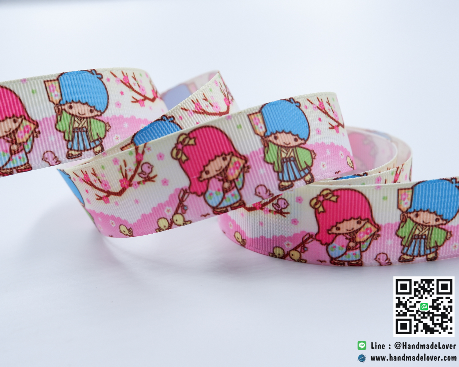 ริบบิ้นผ้า พิมพิ์ลายกิกิ ลาล่า / Kiki & Lala ขนาด 25 มิล
