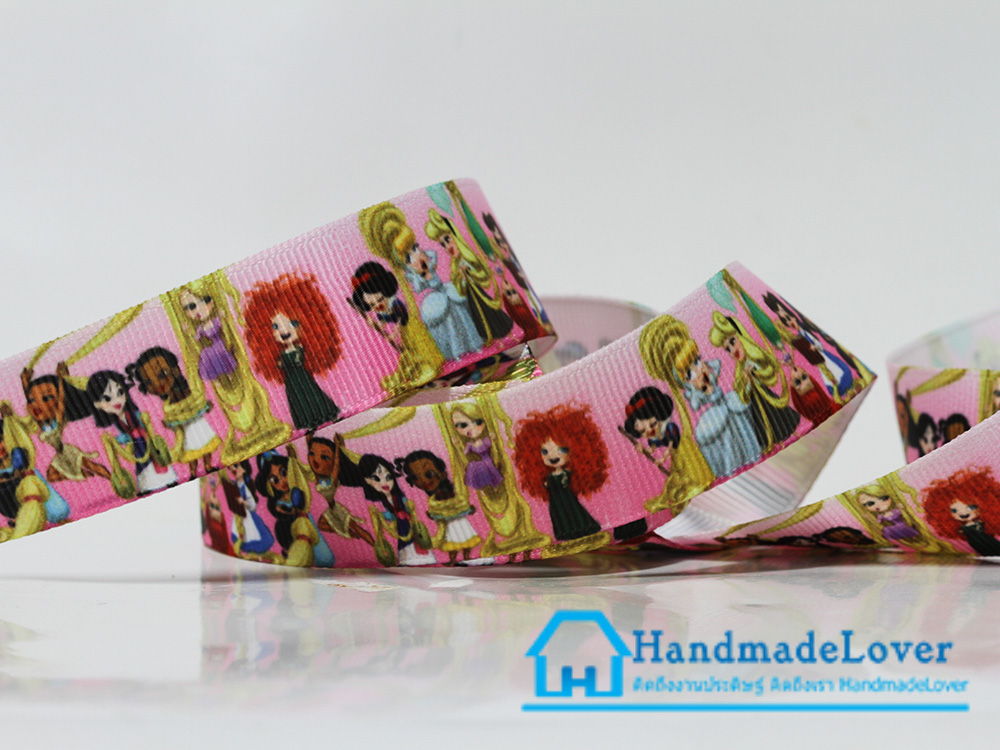 ริบบิ้นผ้า กรอสเกรน พิมพิ์ลายรวมเจ้าหญิงดิสนีย์ Disney Princess ขนาด 22 มิล