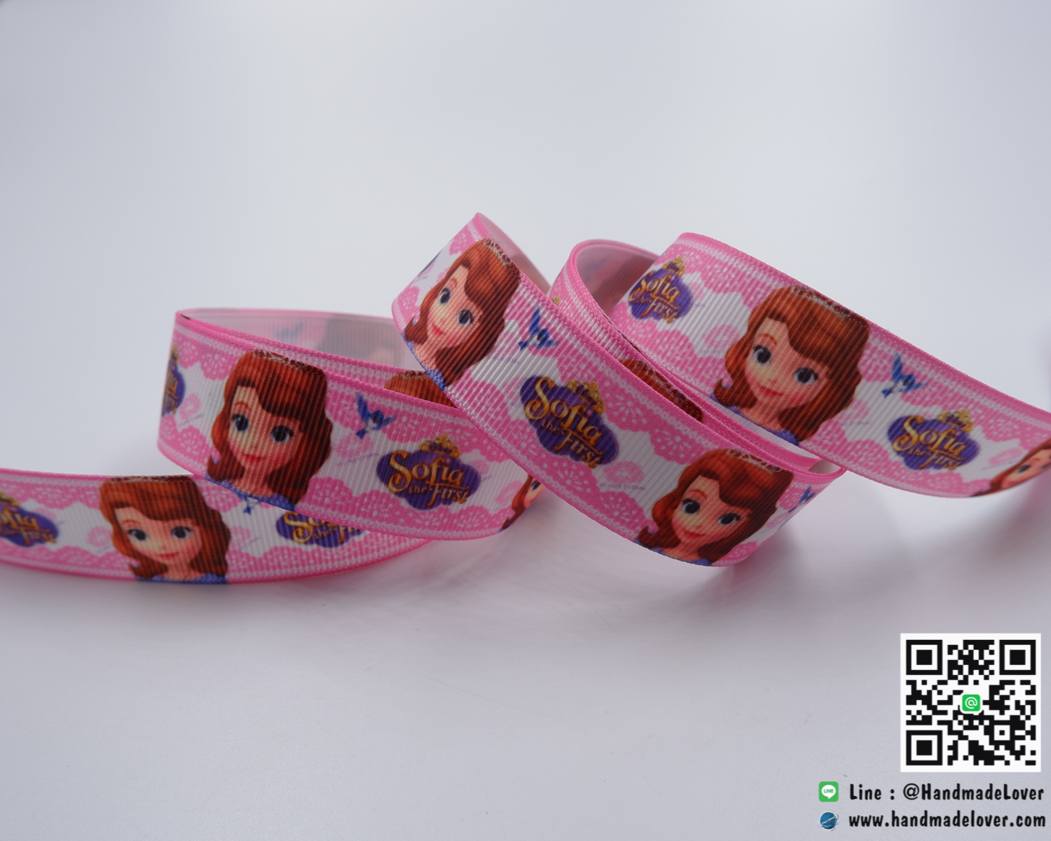 ริบบิ้นผ้า กรอสเกรน พิมพิ์ลายการ์ตูน เจ้าหญิงโซเฟีย (Sofia Princess) สีชมพู ขนาด 22 มิล