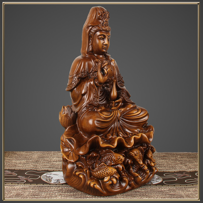 เจ้าแม่กวนอิม ปางประทานพร นั่งใบบัว [เรซิ่น สีไม้]