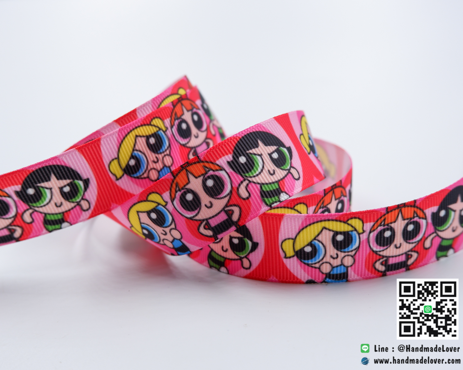 ริบบิ้นผ้า พิมพิ์ลายพาวเวอร์พัฟฟ์เกิลส์ / The Powerpuff Girls ขนาด 22 มิล