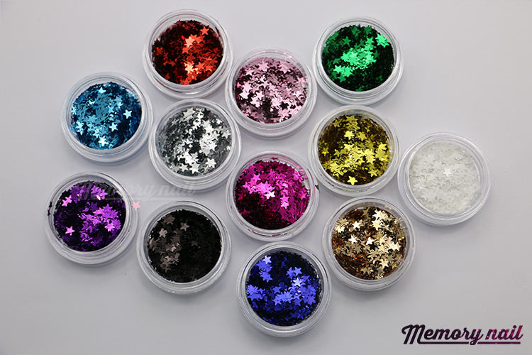 กากเพชรรูปดาว สีพื้นเรียบ แบบบาง 12สี 12กระปุก