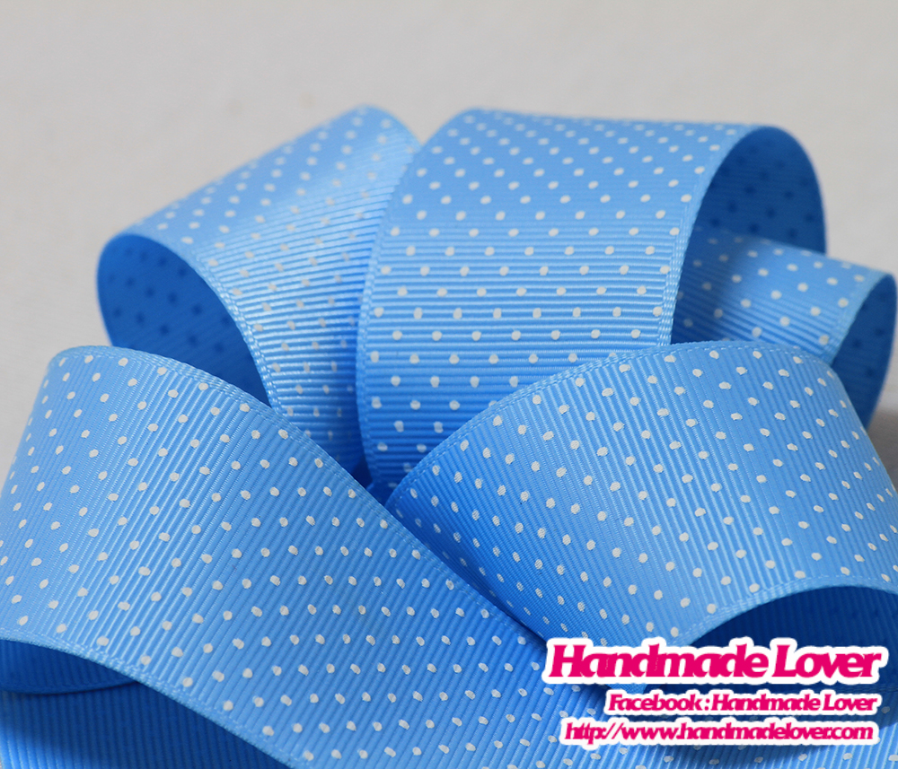 ริบบิ้นผ้า กรอสเกรน สีฟ้า ลายจุด ขนาด 38 mm