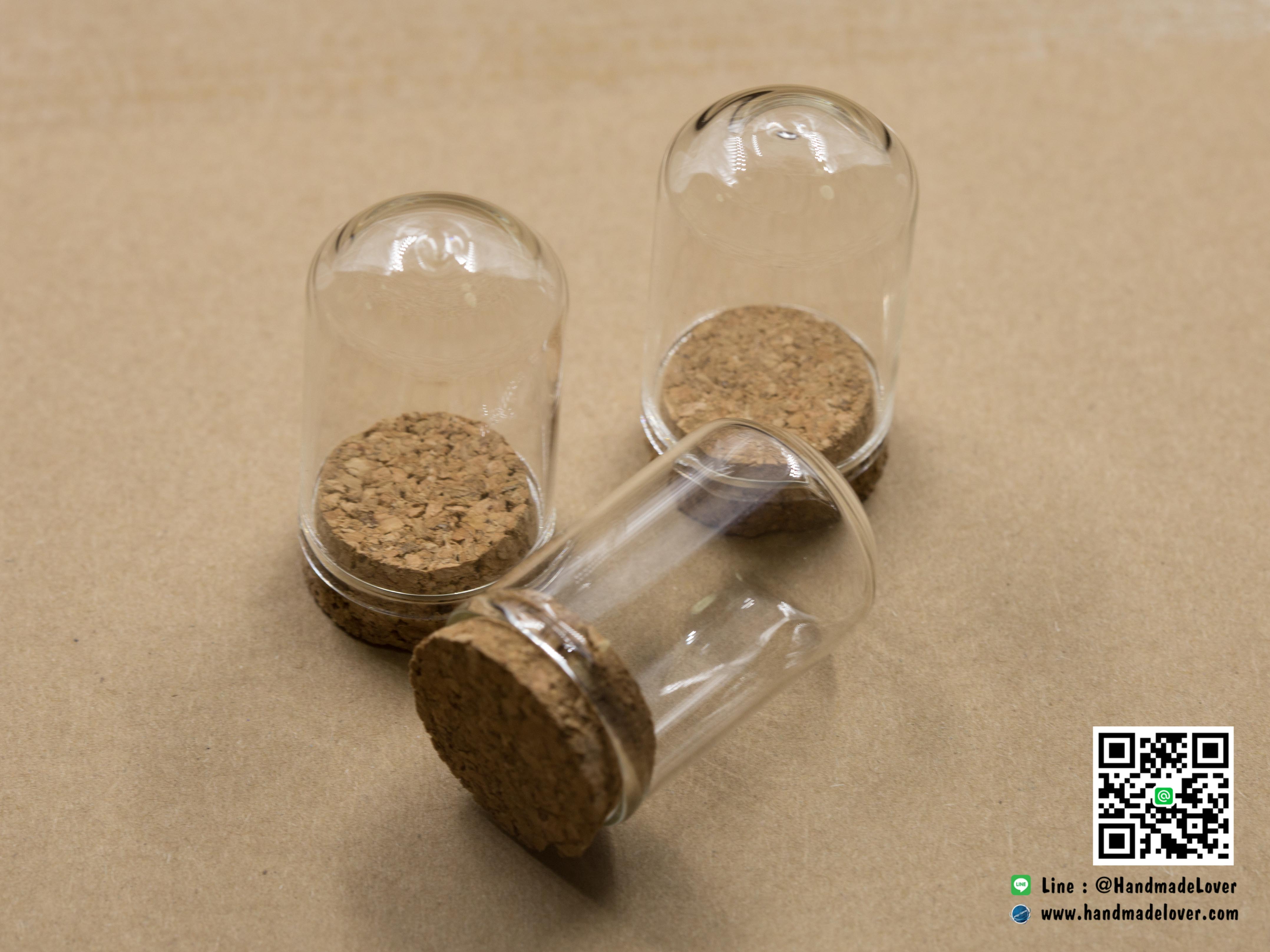 ขวดแก้วจิ๋ว ทรงกลม (ฝาจุกไม้ก๊อก) ขนาด 25x42 มม. [มีราคาส่ง]