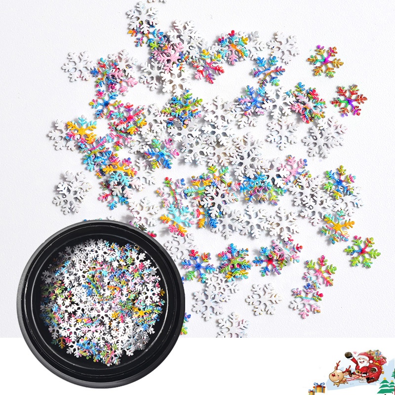 🎁 โลหะติดเล็บ ลายเกล็ดหิมะ สีขาวและคละสี 1กระปุก Christmas Snowflakes Metallic Nail Art Decoration ของแต่งเล็บ วันคริสต์มาส 🎄Christmas Nail Art 🎁