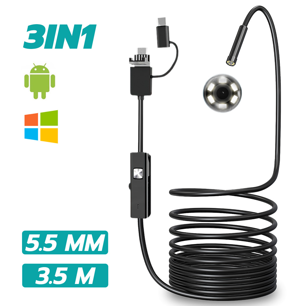 กล้องงู HD USB-android-type C 3IN1 (5.5 มิลิเมตร) สายยาว3.5เมตร รุ่น TC-35