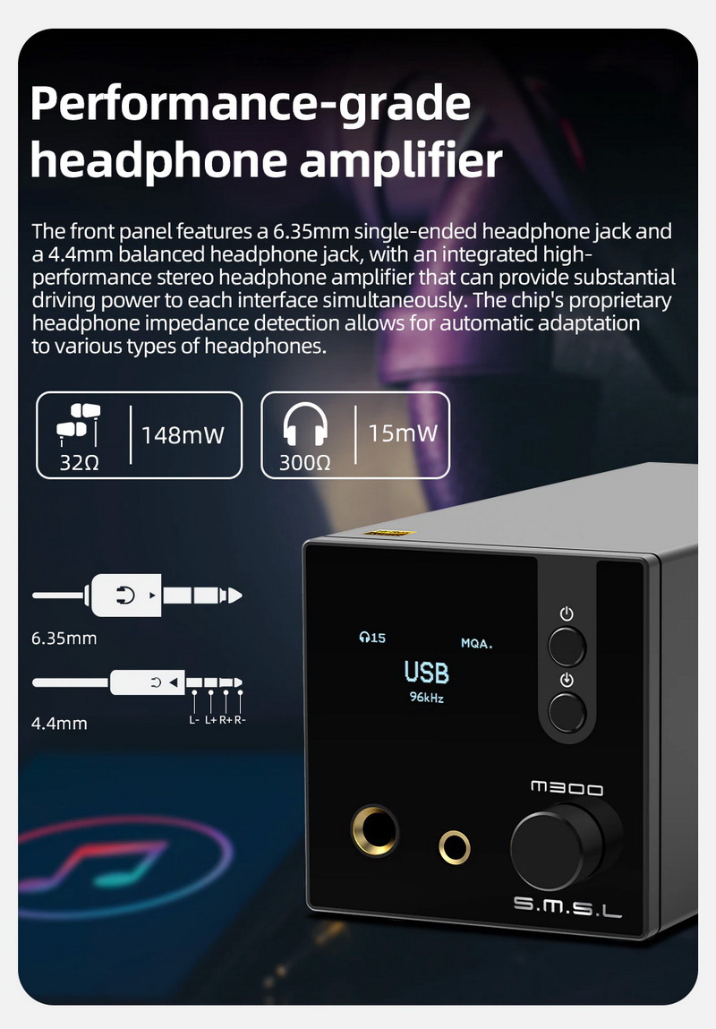 ขาย SMSL M300 SE DAC/AMP ตั้งโต๊ะ ชิป CS43131*2 รองรับ MQA, Bluetooth5.0 ประกันศูนย์ไทย