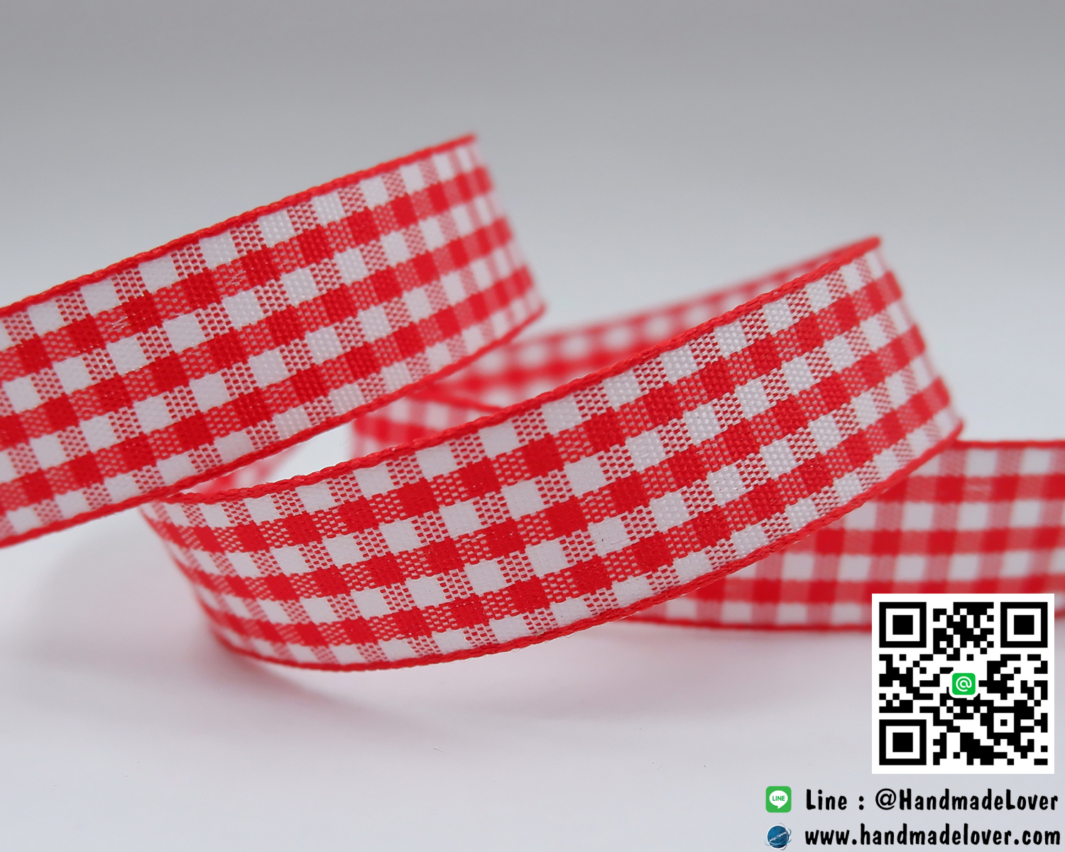 ริบบิ้นผ้า ลายสก็อต สีแดง [ยาว 50 หลา]