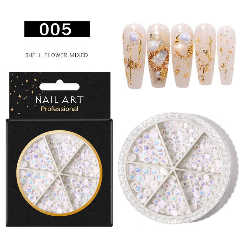 ( 005 ) มุกกล่องกลม 6ช่อง สีขาวรุ้ง Mixed Pearl Ornaments ของแต่งเล็บ มุกตกแต่งเล็บ มุขแต่งเล็บ