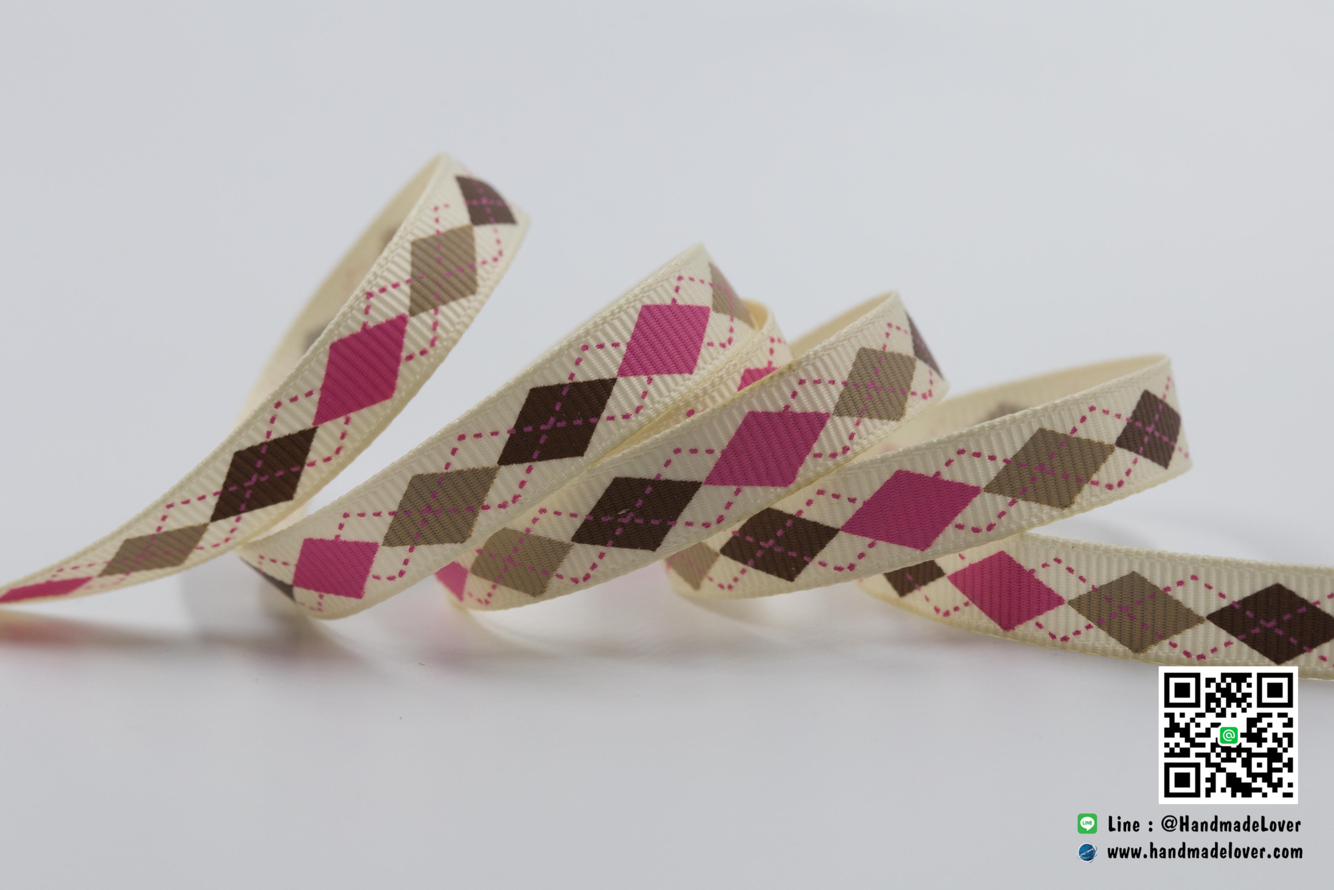 ริบบิ้นผ้า กรอสเกรน พิมพิ์ลายข้าวหลามตัด ขนาด 9 มิล