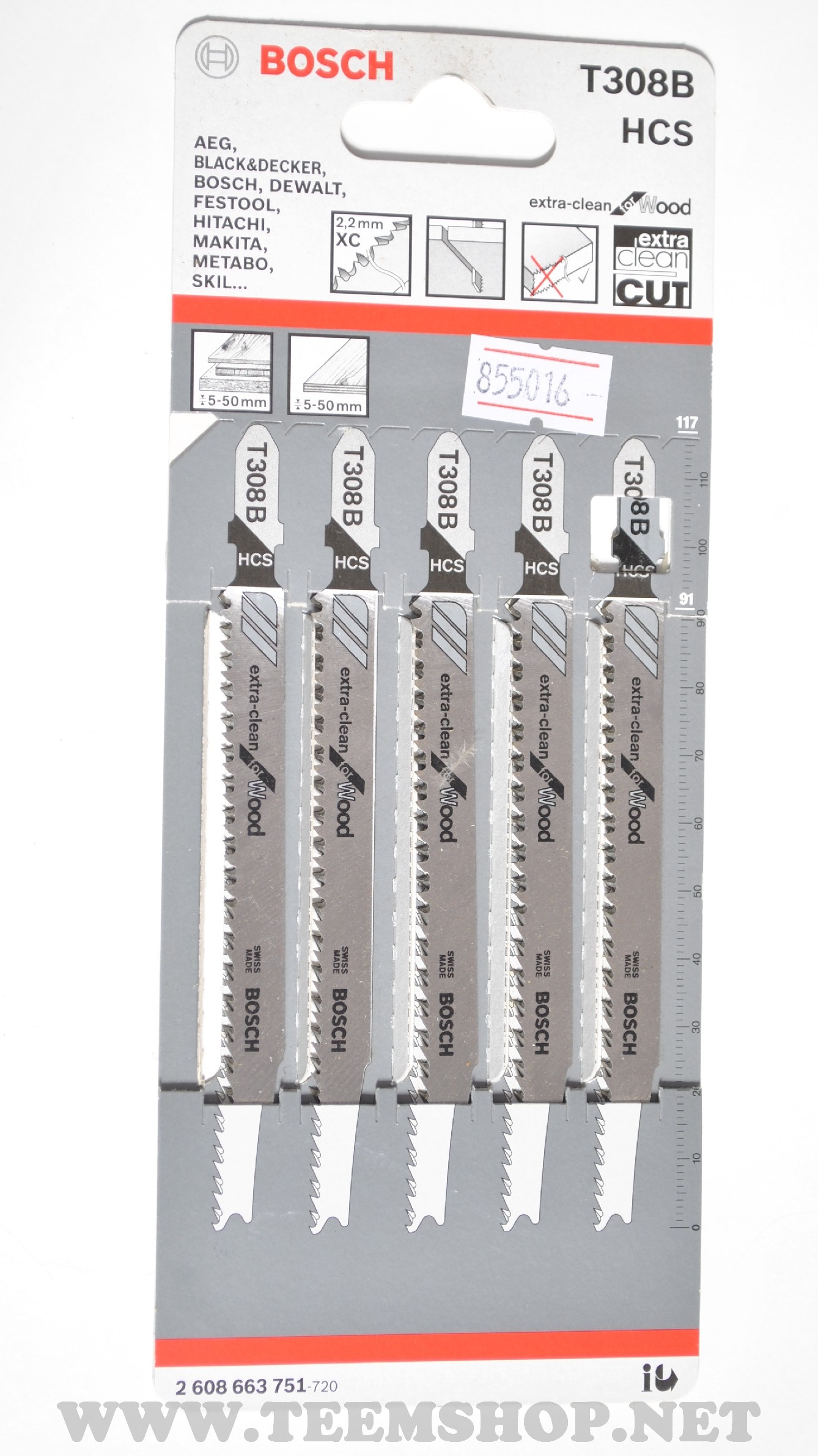 2608663751 BOSCH ใบเลื่อยจิ๊กซอว์ยาว T308B (5pcs./pack)