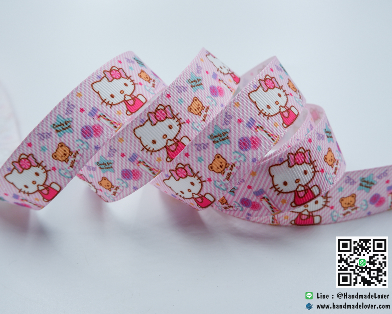 ริบบิ้นผ้า สีชมพู พิมพิ์ลาย Kitty ขนาด 22 มิล