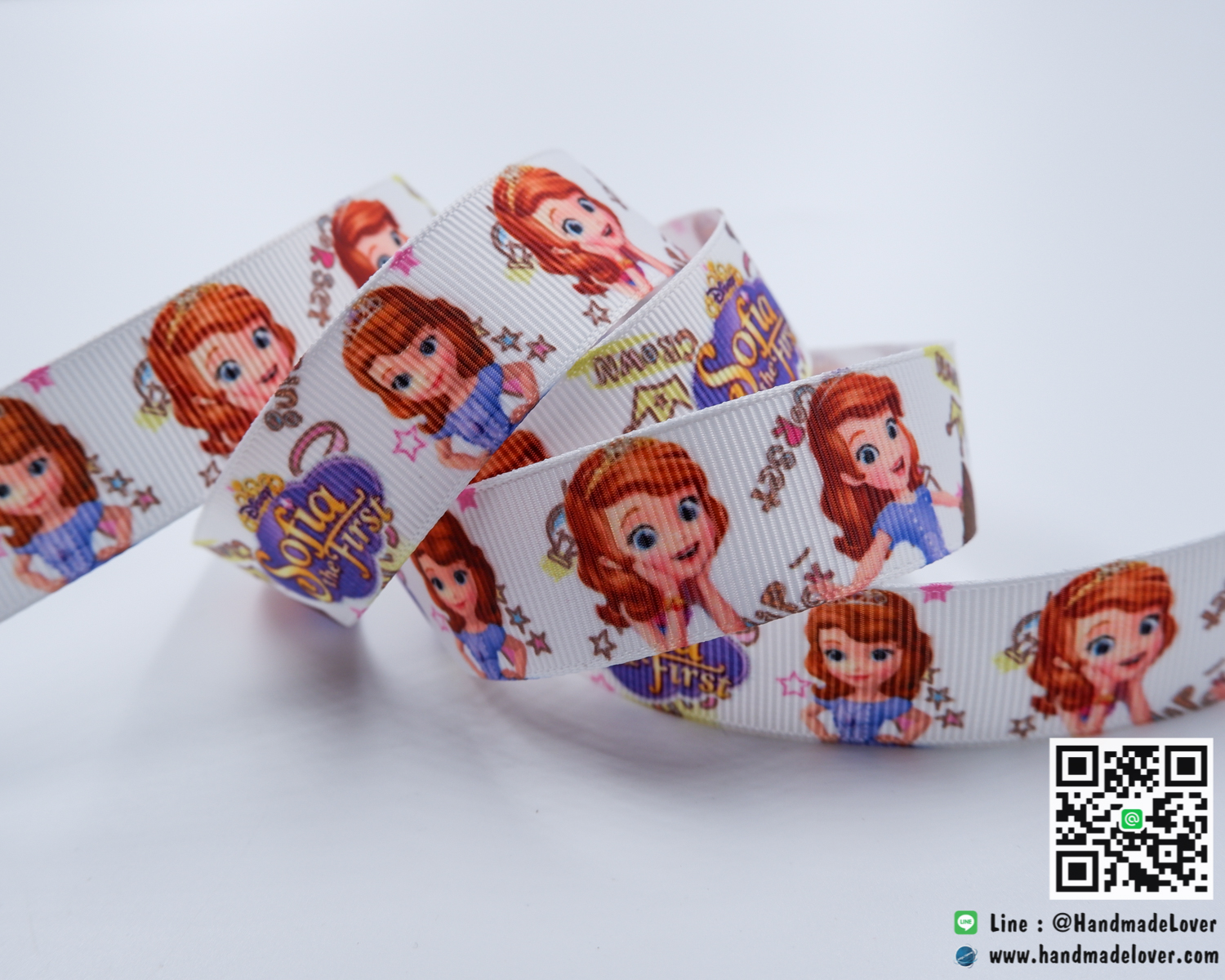 ริบบิ้นผ้า กรอสเกรน พิมพิ์ลายการ์ตูน เจ้าหญิงโซเฟีย (Sofia Princess) สีขาว ขนาด 22 มิล