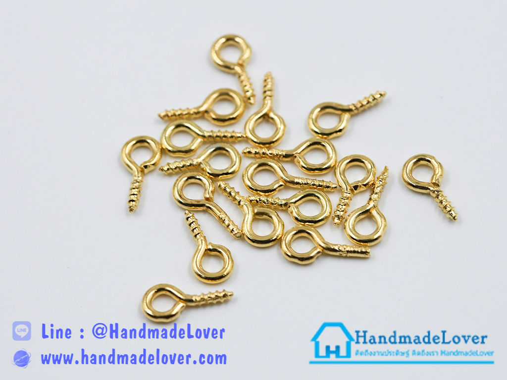 ตะปูเกลียว/ตะขอหัวตุ๊กตา สีทอง เส้นผ่าศูนย์กลาง 4 มม. x ยาว 8 mm. [แพ็ค 50 ชิ้น]