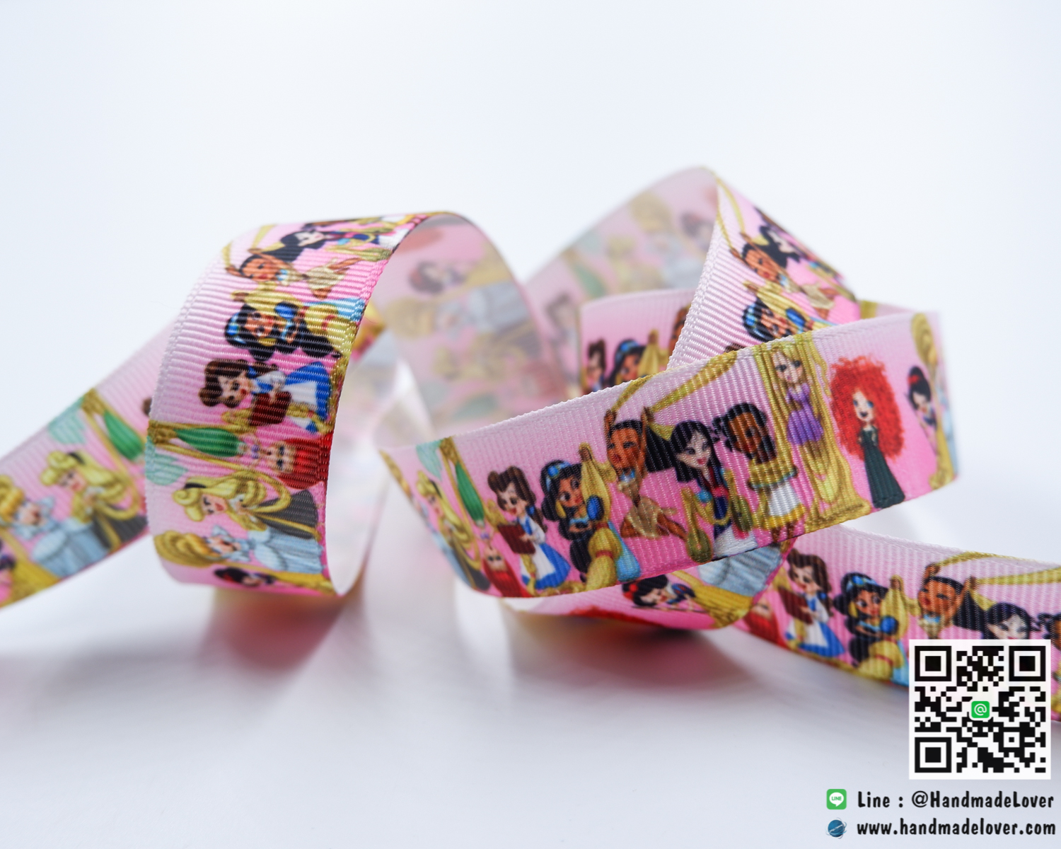ริบบิ้นผ้า กรอสเกรน พิมพิ์ลายรวมเจ้าหญิงดิสนีย์ Disney Princess ขนาด 22 มิล