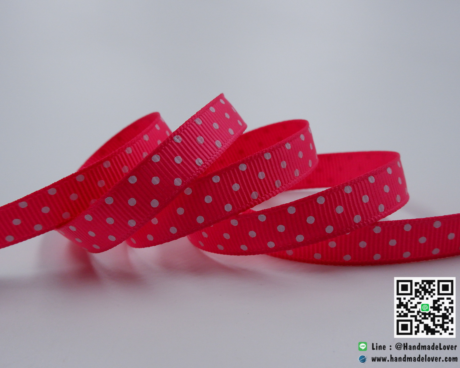 ริบบิ้นผ้า กรอสเกรน สีชมพูเข้ม พิมพ์ลายจุด