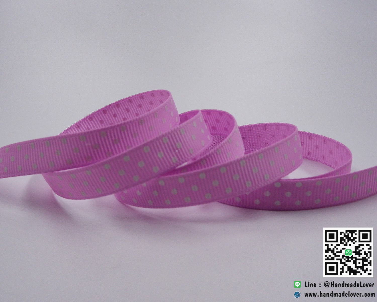 ริบบิ้นผ้ากรอสเกรน สีชมพูอมม่วง พิมพ์ลายจุด