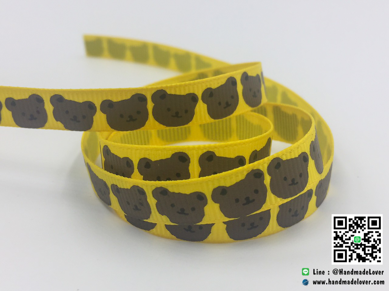 ริบบิ้นผ้า กรอสเกรน สีเหลือง พิมพิ์ลายหมี ขนาด 9 มิล