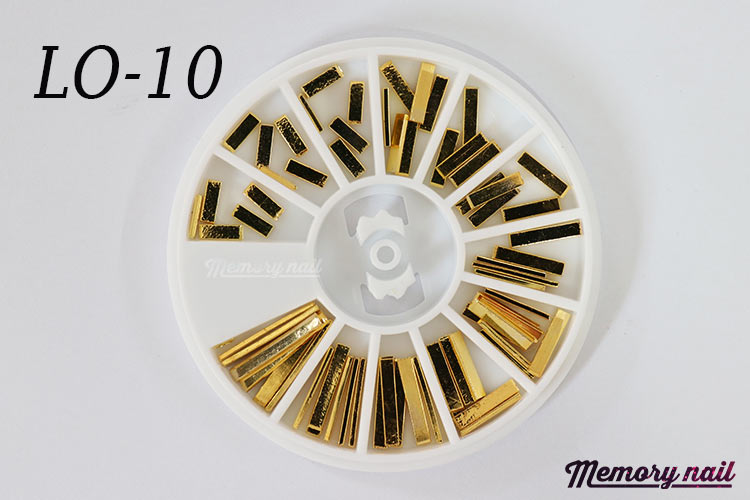 LO-10 โลหะ ตกแต่งเล็บ ทรงผืนผ้า สีทอง กล่องกลม 1กล่อง มี 4 แบบ