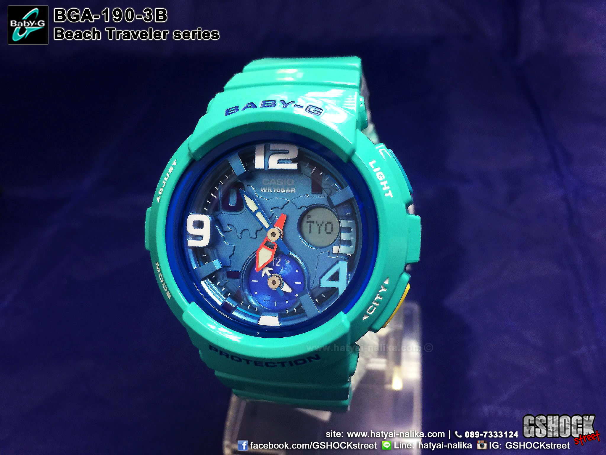 นาฬิกา คาสิโอ Casio Baby-G ANALOG-DIGITAL Beach Traveler series รุ่น BGA-190-3B สีเขียวน้ำทะเล ของแท้ รับประกัน1ปี