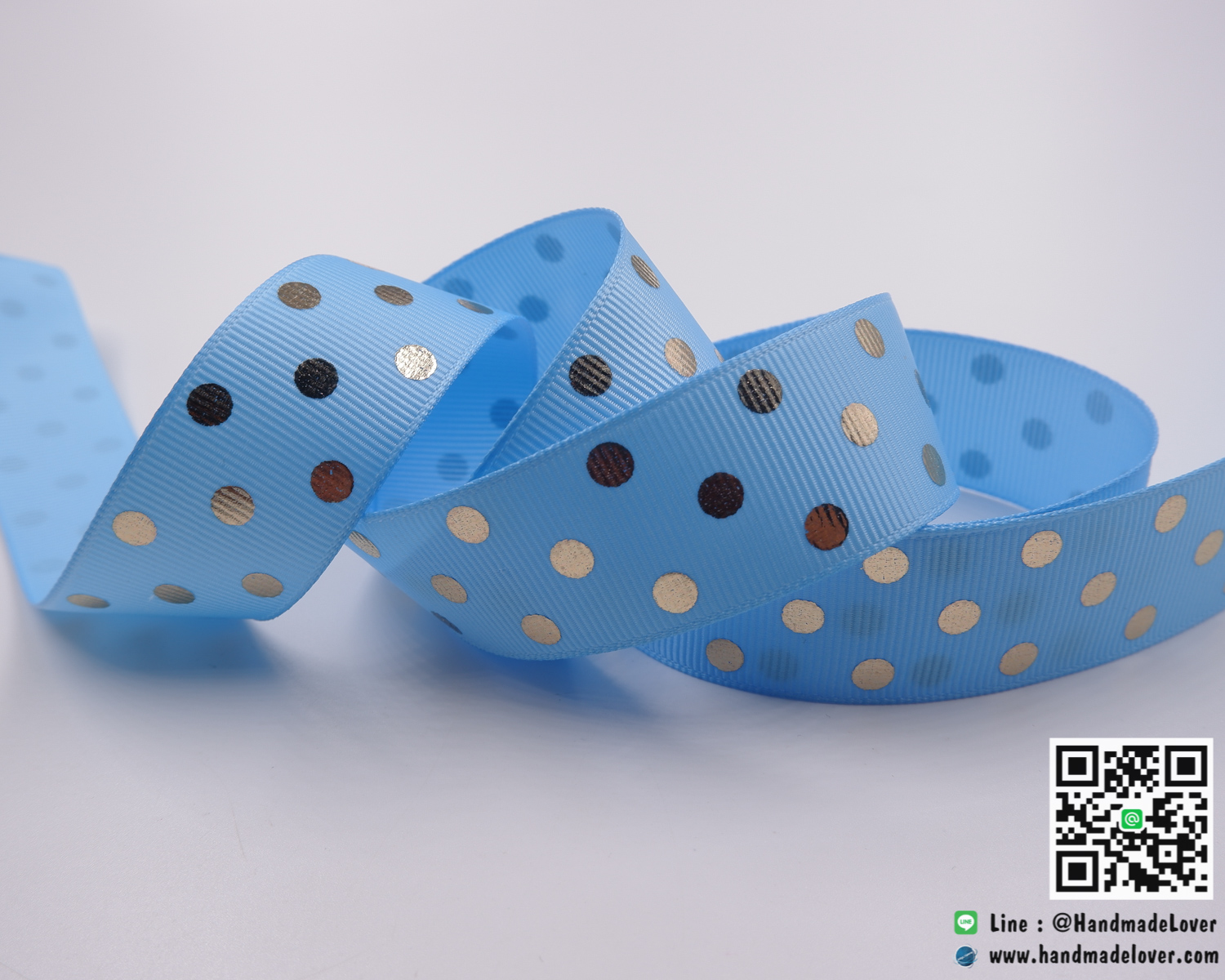 ริบบิ้นผ้า กรอสเกรน สีฟ้า พิมพ์ลายจุดสีทองสะท้อนแสง ขนาด 25 มิล