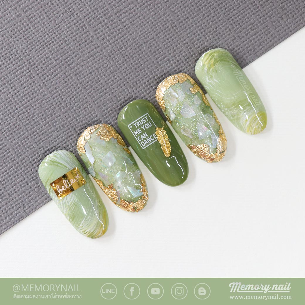 ลายเล็บ จิตนาการสีเขียว Green imagination nail art