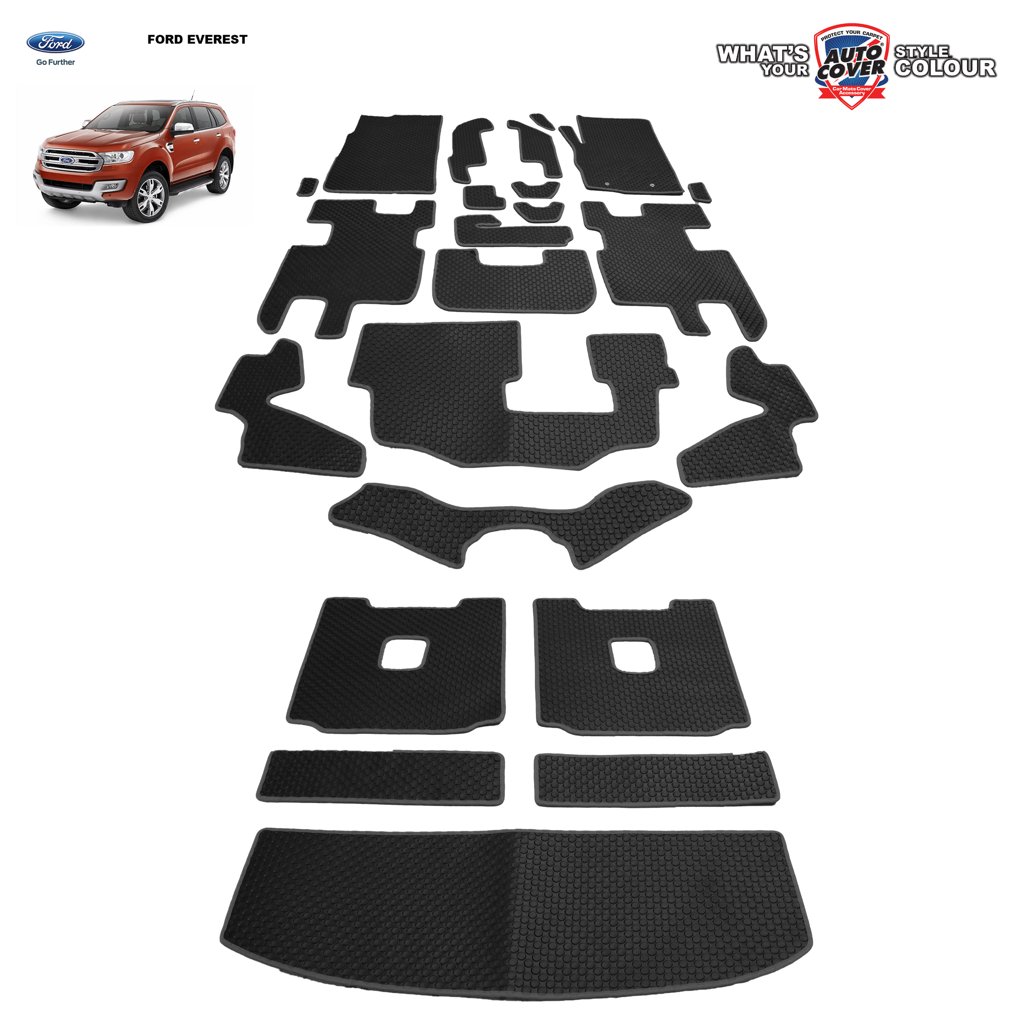 พรมปูพื้นรถยนต์ พรมกระดุม รถ FORD EVEREST 2.2 TITANIUM+ ปี 2015-2022 ชุดเต็มคัน+หลังเบาะ+แผ่นท้าย จำนวน 23 ชิ้น