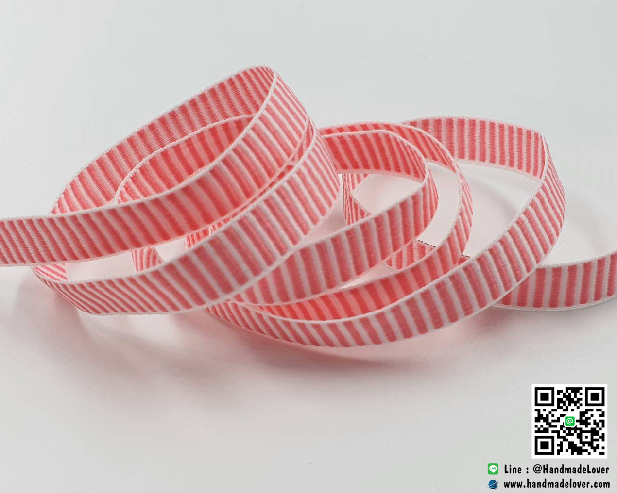 ริบบิ้นผ้า สีชมพู ลายขวาง ขนาด 10 mm (ม้วน 36 หลา)