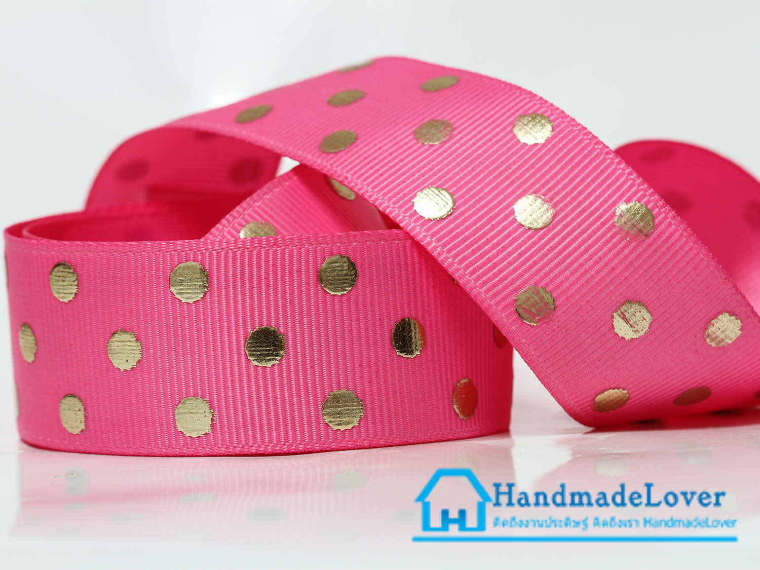 ริบบิ้นผ้า กรอสเกรน สีชมพู พิมพ์ลายจุดสีเงินสะท้อนแสง