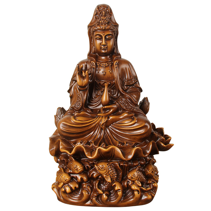 เจ้าแม่กวนอิม ปางประทานพร นั่งใบบัว [เรซิ่น สีไม้]