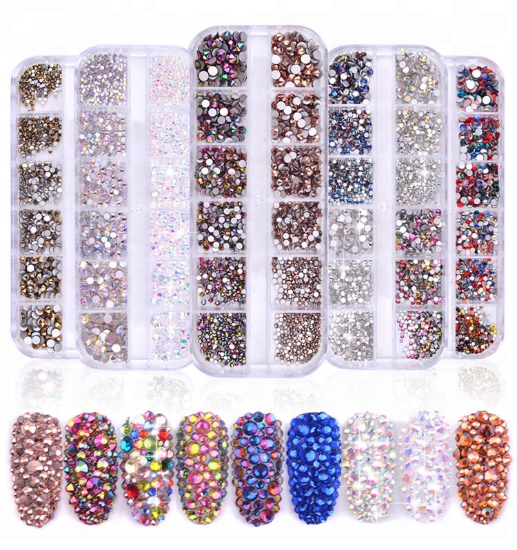 เพชรติดเล็บ ทรงกลม คละขนาด คละสี แบบกล่อง12ช่อง รหัส RT