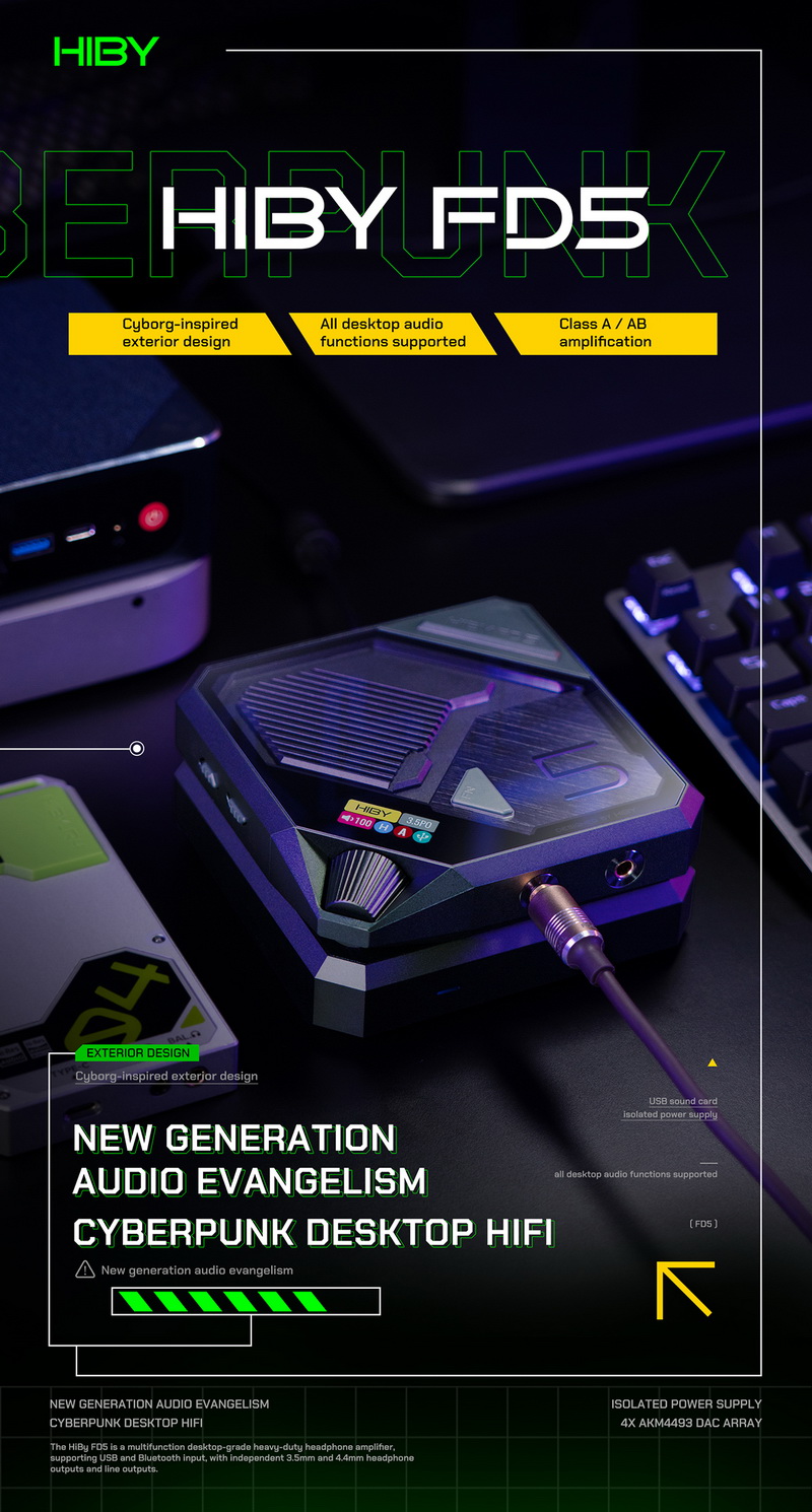 Hiby FD5 DAC/AMP ตั้งโต๊ะ Class A/AB ชิป AKM4493 x4 ในธีมไซเบอร์พังค์ รองรับ MQA ประกันศูนย์ไทย