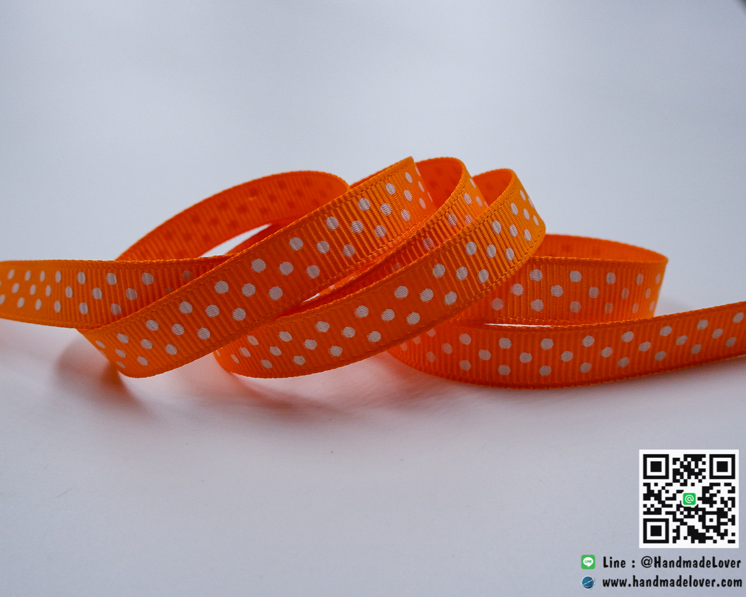 ริบบิ้นผ้า กรอสเกรน สีส้ม พิมพ์ลายจุด