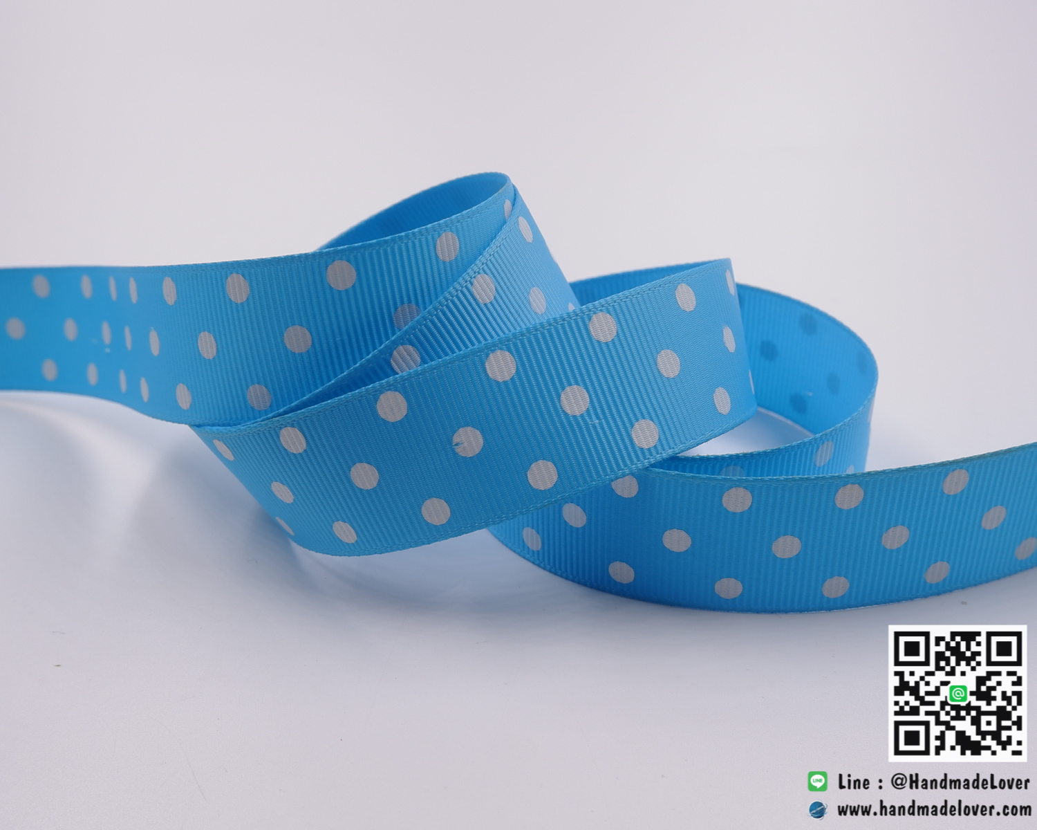 ริบบิ้นผ้าสีฟ้าเข้ม พิมพ์ลายจุด