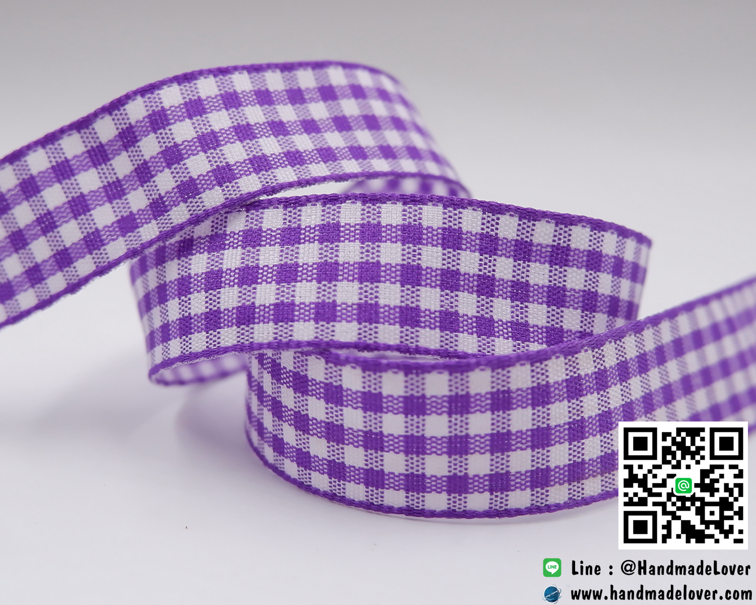 ริบบิ้นผ้า ลายสก็อต สีม่วง [ยาว 50 หลา]